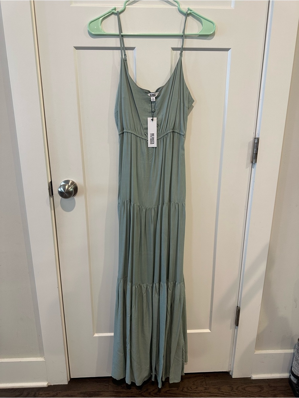 BB Dakota Sage Green Tiered Spaghetti Strap Maxi Dress